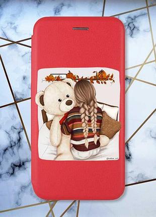 Чехол-книжка с рисунком для xiaomi redmi note 8 pro красный; девочка с мишкой (принт 117)