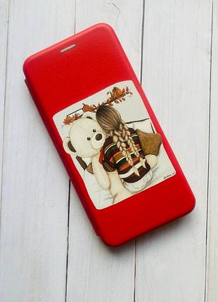 Чехол-книжка с рисунком для xiaomi redmi note 8 pro красный; девочка с мишкой (принт 117) 2