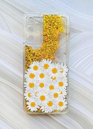 Чехол с плавающими блестками на samsung galaxy a05s (a057) золотой :: букет ромашек (принт 40)