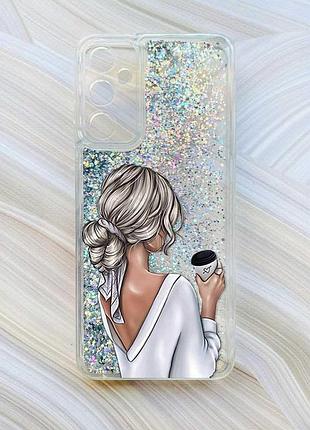 Чехол с плавающими блестками на samsung galaxy a34 5g (a346) серебристый :: девушка с латте (принт 227)