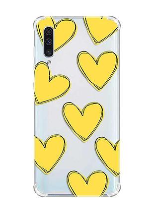 Чохол з потовщеними кутами на samsung galaxy а50 (2019) а505 :: сердечка жовті (принт 259)