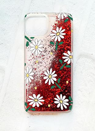 Чехол с плавающими блестками на iphone 14 красный :: ромашки (принт 368)