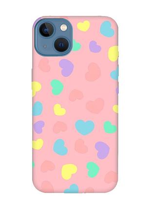 Матовый розовый чехол на iphone 13 :: разноцветные сердечка (принт 335)