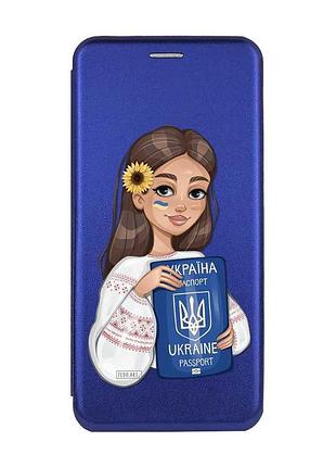 Чехол-книжка с рисунком для xiaomi redmi note 13 4g синий :: девушка с паспортом (принт 12)