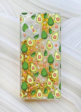 Чехол с плавающими блестками на xiaomi redmi note 12 pro plus золотой авокадо с котиками (принт 301)