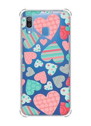 Чохол з потовщеними кутами на samsung galaxy a30 (2019)/a20 (2019) різнокольорові сердечка (принт 334)