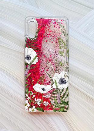 Чехол с плавающими блестками на xiaomi redmi 9a розовый :: цветы полевые (принт 363)