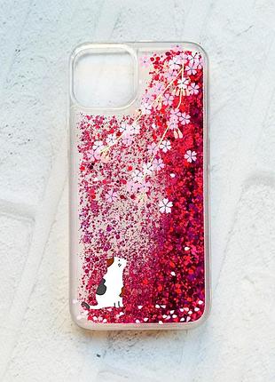 Чехол с плавающими блестками на iphone 13 :: розовый :: котик и сакура (принт 283)
