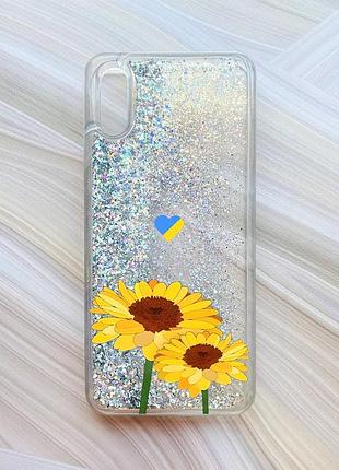 Чехол с плавающими блестками на xiaomi redmi 9a серебристый :: желтые цветы (принт 364)