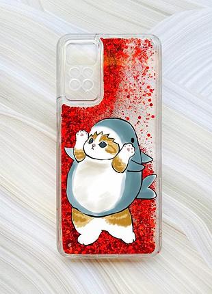 Чохол з плаваючими блискітками на xiaomi redmi note 11 pro червоний :: котик акула (принт 379)