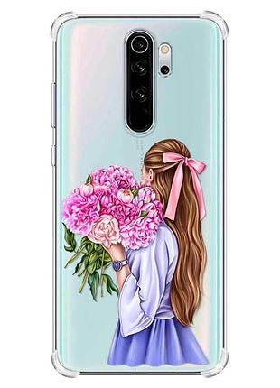 Чохол з потовщеними кутами на xiaomi redmi note 8 pro :: дівчина з півоніями (принт 11)