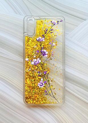 Чехол с плавающими блестками на xiaomi redmi 9a золотой веточка цветов (принт 278)