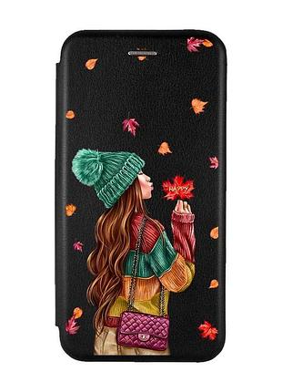Чехол-книжка с рисунком на iphone 7 plus/8 plus :: черный :: девушка с листьями (принт 221)