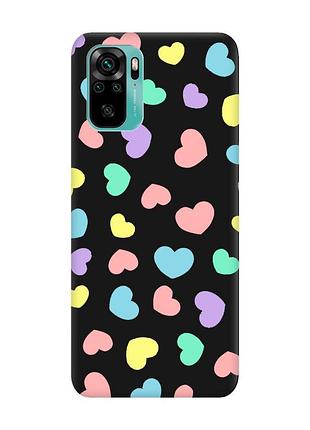 Матовый черный чехол на xiaomi redmi note 10 / note 10s :: разноцветные сердечка (принт 335)
