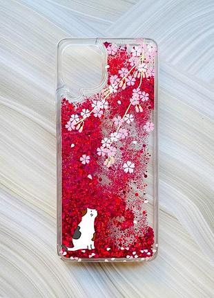 Чехол с плавающими блестками на samsung galaxy a22 4g/m22/m32 розовый котик и сакура (принт 283)