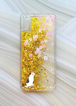 Чехол с плавающими блестками на xiaomi redmi 9a золотой котик и сакура (принт 283)
