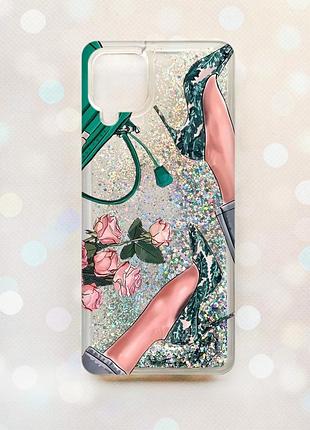Чехол с плавающими блестками samsung galaxy a12 серебряный :: туфельки и цветы (принт 225)