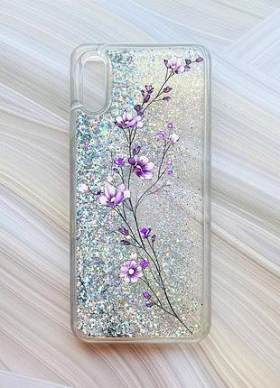 Чехол с плавающими блестками на xiaomi redmi 9a серебристый веточка цветов (принт 278)