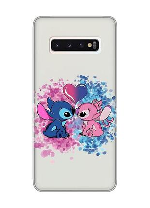 Прозрачный чехол на samsung galaxy s10 стич и ангел (принт 391)