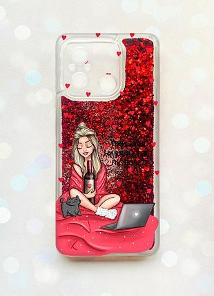 Чехол с плавающими блестками на xiaomi redmi 12c красный :: девушка с вином (принт 220)