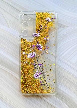Чохол з плаваючими блискітками на samsung galaxy a05s (a057) золотий :: гілочка квітів (принт 278)