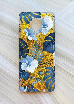 Чехол с плавающими блестками на xiaomi redmi note 9 pro/note 9s/note 9 pro max золотой тропики (принт 373)