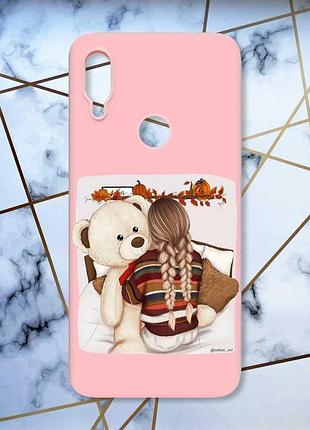 Матовий чохол з рожевими боками на xiaomi redmi note 7/7 pro :: дівчинка з ведмедиком /принт 117/