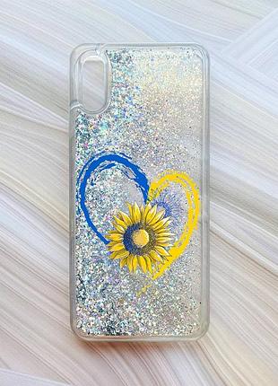 Чехол с плавающими блестками на xiaomi redmi 9a серебристый сердце и подсолнух (принт 260)