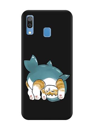 Матовый черный чехол на samsung galaxy a30 (2019)/a20 (2019) котенок акула (принт 378)