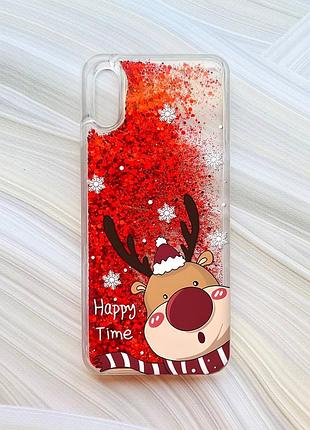 Чехол с плавающими блестками на xiaomi redmi 9a красный зимний оленёнок (принт 155)