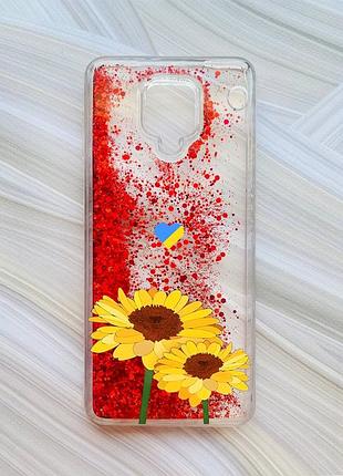 Чехол с плавающими блестками на xiaomi redmi note 9 pro/9s/9 pro max красный :: желтые цветы (принт 364)