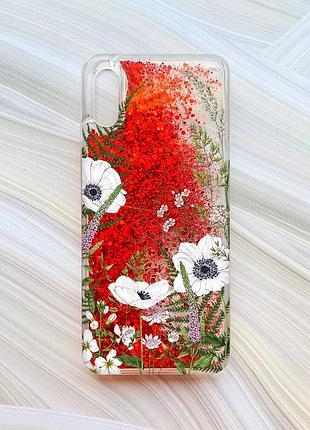 Чохол з плаваючими блискітками на xiaomi redmi 9a червоний :: квіти польові (принт 363)