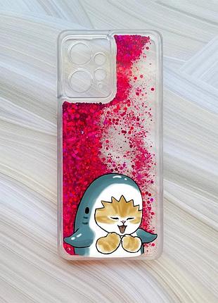 Чохол з плаваючими рожевими блискітками на xiaomi redmi note 12 4g котик акула (принт 376)