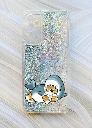 Чехол с плавающими серебрянными блестками на samsung a15 (a155) / m15 котенок акула (принт 355)