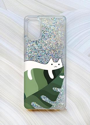 Чехол с плавающими блестками на samsung galaxy a31 серебристый :: кот на листе (принт 367)
