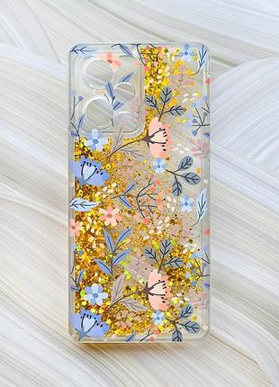 Чохол з плаваючими блискітками на xiaomi redmi note 12 pro plus золотий :: квітковий фон (принт 371)