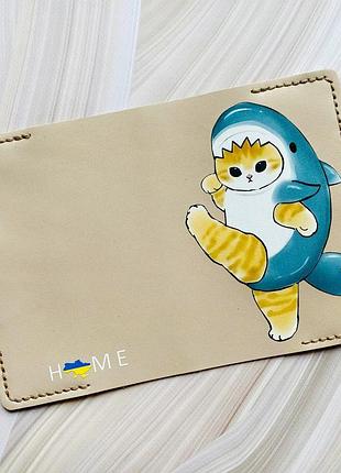 Кожаная обложка на паспорт книжку бежевая (принт 380)