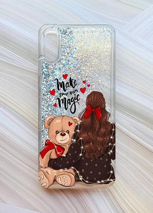 Чехол с плавающими блестками для xiaomi redmi 9a серебристый девушка с мишкой (принт 188)