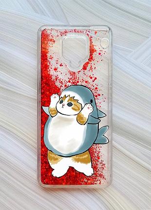 Чохол з плаваючими блискітками на на xiaomi redmi note 9 pro/9 pro max/9s червоний :: котик акула (принт 379)