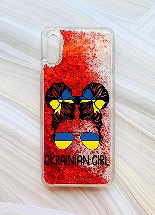 Чехол с плавающими блестками на xiaomi redmi 9a красный украинская девушка (принт 113)
