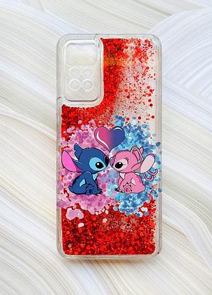 Чохол з плаваючими блискітками на xiaomi redmi note 11 pro червоний стіч і ангел (принт 391)