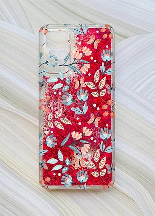 Чехол с плавающими блестками на xiaomi redmi note 11 pro розовый :: цветочный фон (принт 370)