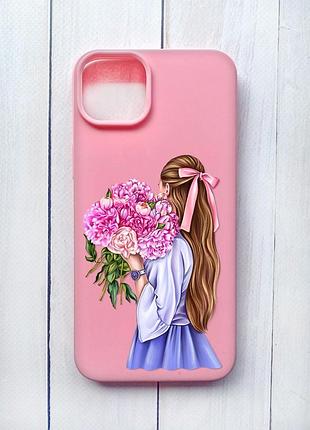 Матовий чохол на iphone 15 plus рожевий :: дівчина з півоніями (принт 11)