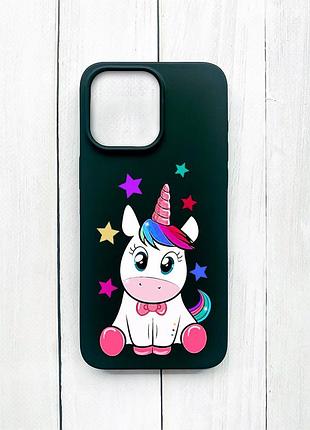 Матовий чохол на iphone 15 pro max чорний :: єдиноріг (принт 102)