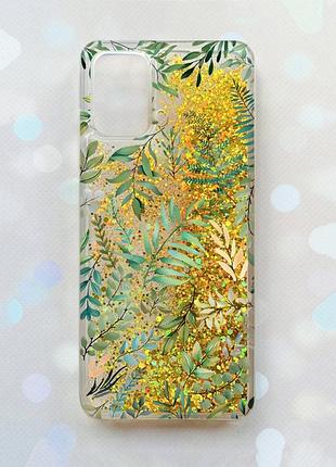 Чохол з плаваючими блискітками на samsung galaxy a02s золотий :: рослинний фон (принт 377)