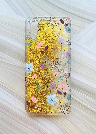 Чехол с плавающими блестками для xiaomi redmi 9a золотой цветочный фон (принт 267)