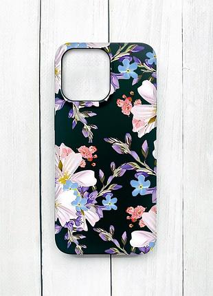 Матовый черный чехол на iphone 15 pro max цветочный рисунок (принт 272)