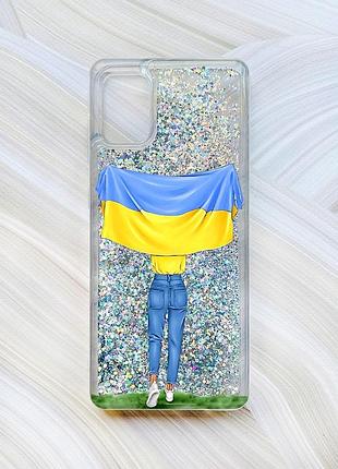 Чехол с плавающими блестками для samsung galaxy a31 серебристый девушка с флагом (принт 263)