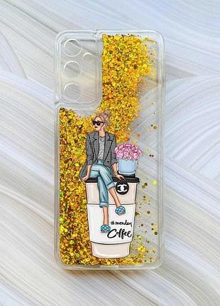 Чохол з плаваючими блискітками на samsung galaxy a35 (a356) золотий :: дівчина на каві (принт 228)