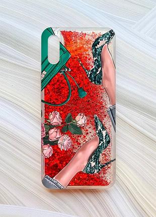 Чохол з плаваючими блискітками для xiaomi redmi 9a червоний туфельки і квіти (принт 225)